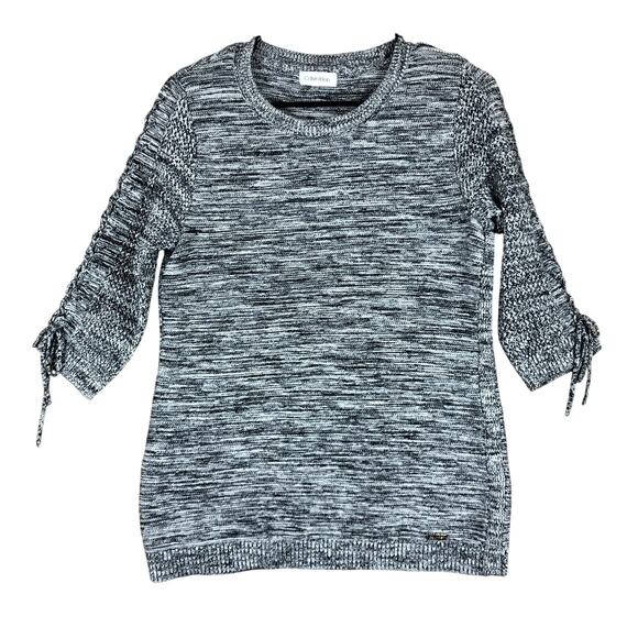 Calvin Klein Womens Sweater Heathered Black White Tight Knit 3/4 Sleeve Medium - Picture 1 of 12